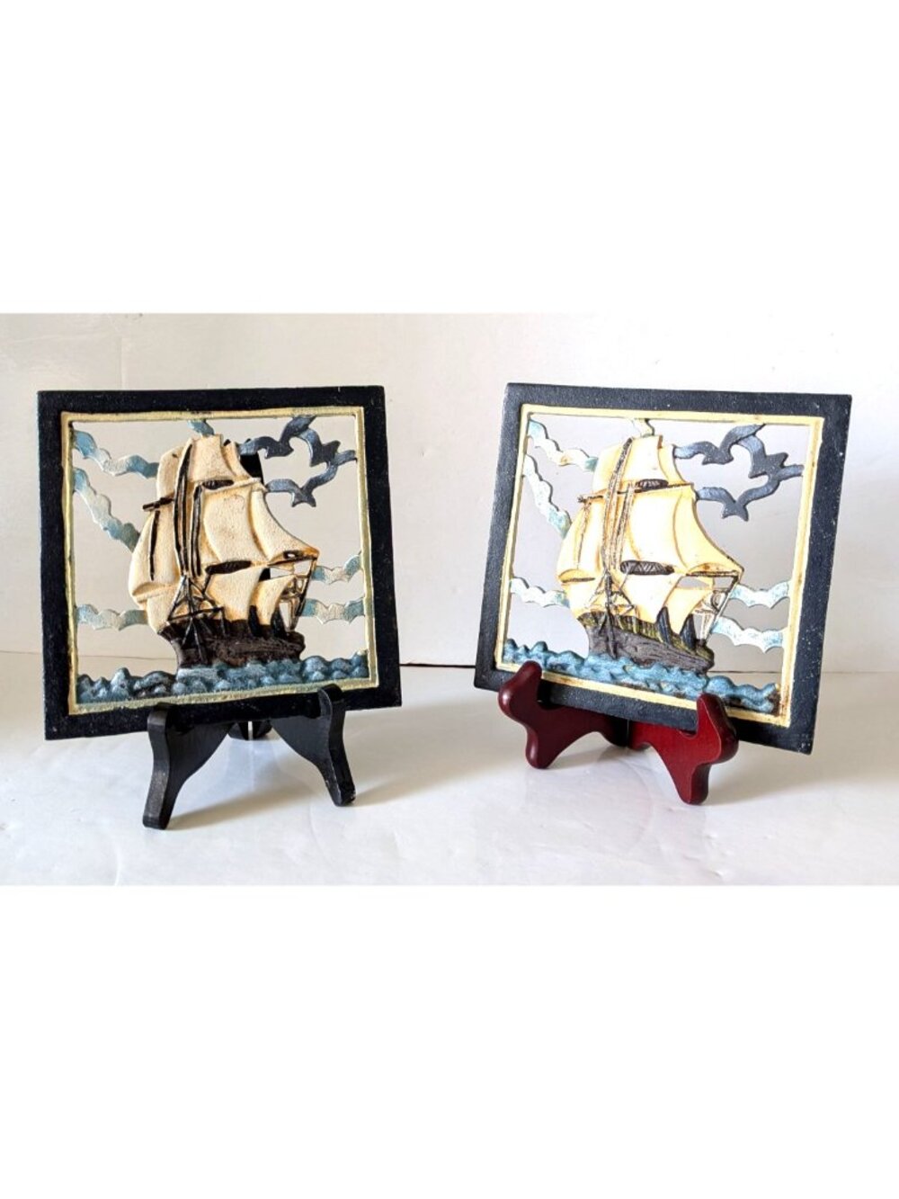 Vintage Painted Cast Iron Nautical Ship Wall Plaque Trivet Folk Art Lot Of 2 6*6